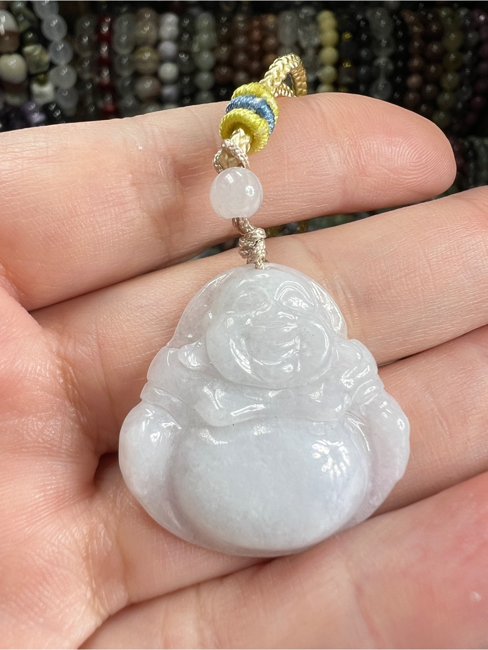 Natural white Jade Happy Buddha Necklace 20” Adjustable Carving Quartz Jewelry